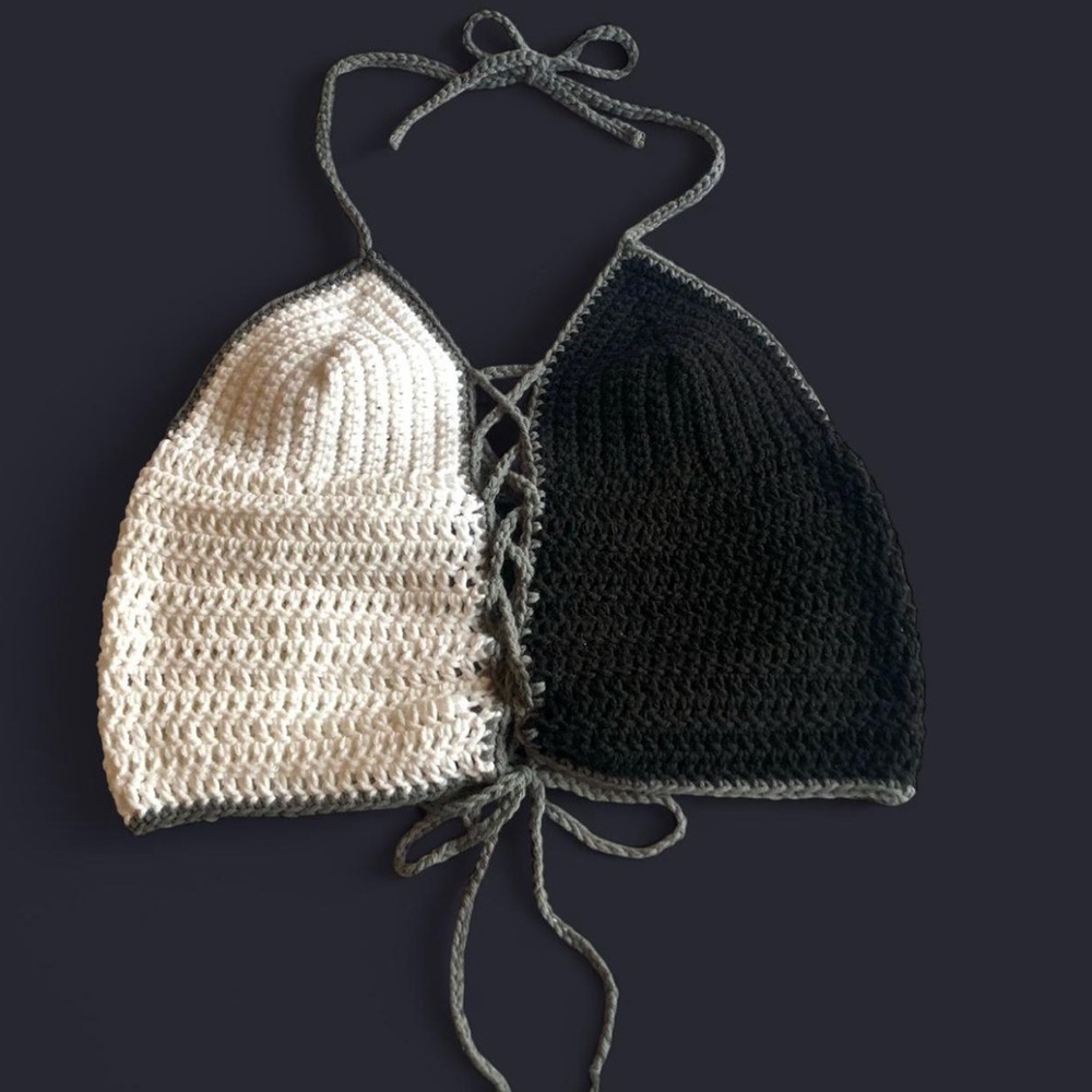 crochet split black and white halter top with grey outline HANDMADE